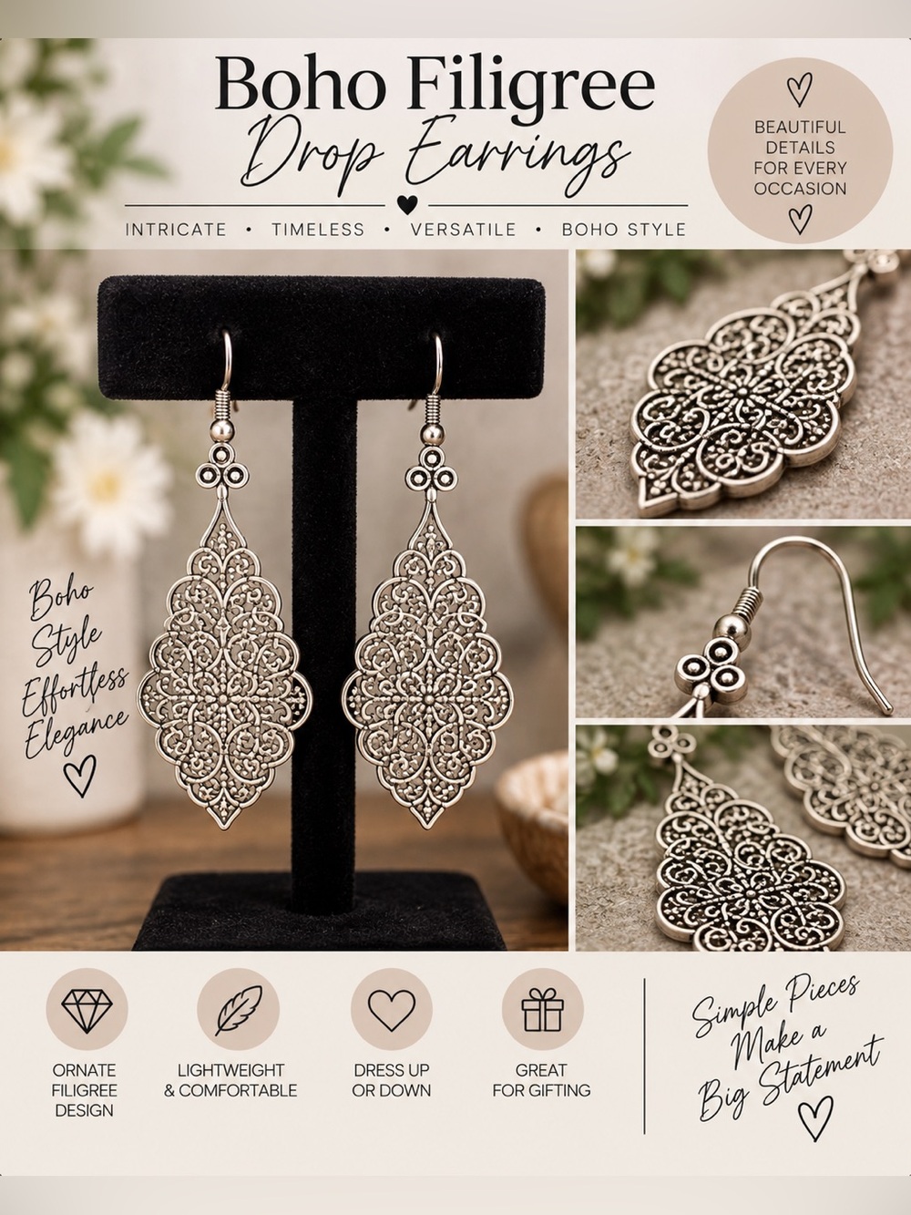 NWT Boho Silver-Tone Filigree Drop Earrings
